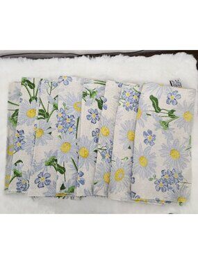 House & Garden Blue Daisy Cloth Napkins Set 8 Shimmery Off-White Metallic Floral